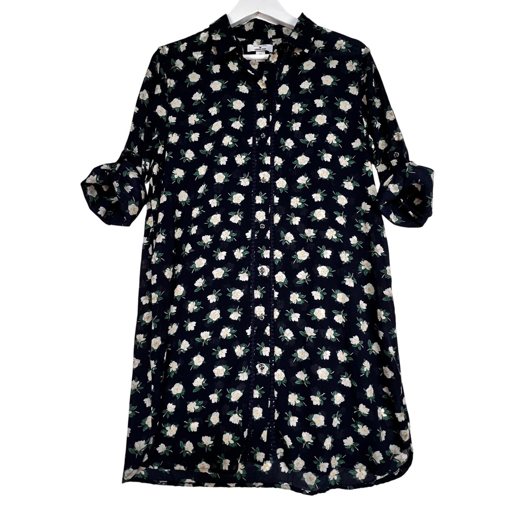 Draper James Lands End Shirt Dress Women M Navy Blue Floral Button Up 100 Cotton